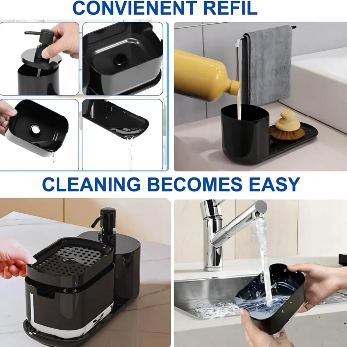 kitchen soap dispenser black, soap dispenser with sponge holder, towel stand kitchen, kitchen organizer, hand wash soap dispenser, sponge storage solution, dishwashing soap pump, Sri Lanka kitchen products