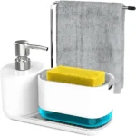 kitchen soap dispenser white, soap dispenser sponge holder, towel stand kitchen, refillable soap dispenser, hand soap pump, kitchen storage solution, white kitchen organizer, Dubai kitchen essentials