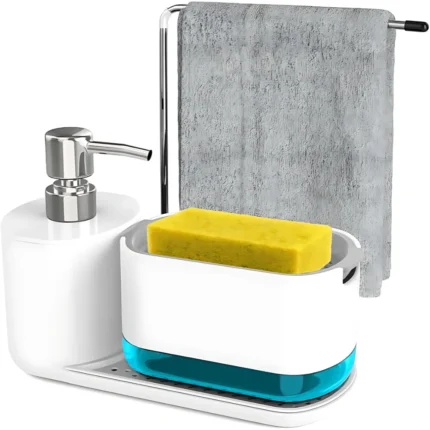 kitchen soap dispenser white, soap dispenser sponge holder, towel stand kitchen, refillable soap dispenser, hand soap pump, kitchen storage solution, white kitchen organizer, Dubai kitchen essentials