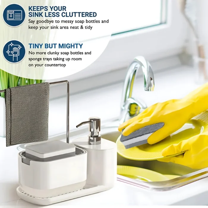 kitchen soap dispenser white, soap dispenser sponge holder, towel stand kitchen, refillable soap dispenser, hand soap pump, kitchen storage solution, white kitchen organizer, Dubai kitchen essentials
