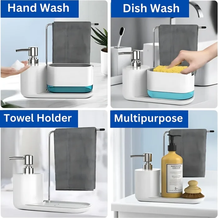 kitchen soap dispenser white, soap dispenser sponge holder, towel stand kitchen, refillable soap dispenser, hand soap pump, kitchen storage solution, white kitchen organizer, Dubai kitchen essentials