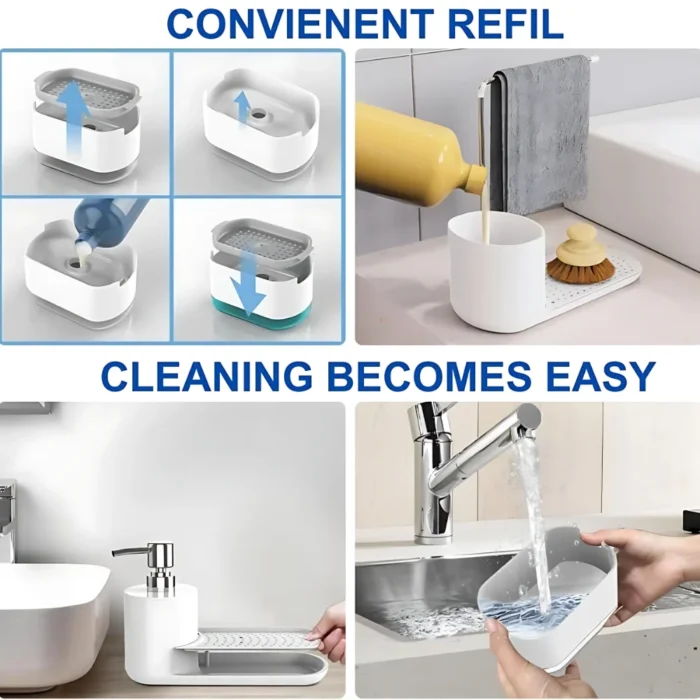 kitchen soap dispenser white, soap dispenser sponge holder, towel stand kitchen, refillable soap dispenser, hand soap pump, kitchen storage solution, white kitchen organizer, Dubai kitchen essentials