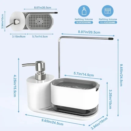 kitchen soap dispenser white, soap dispenser sponge holder, towel stand kitchen, refillable soap dispenser, hand soap pump, kitchen storage solution, white kitchen organizer, Dubai kitchen essentials