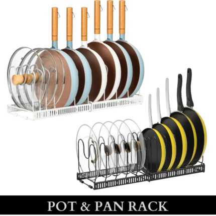 expandable pot rack, adjustable pan organizer UAE, cookware rack for cabinets, kitchen storage rack UAE, carbon steel pan holder, pot and pan rack UAE, heavy-duty kitchen rack, rackstore.ae