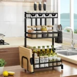 three layer spice rack, stainless steel spice rack, kitchen spice organizer, countertop spice rack, spice rack with knife holder, spice rack with spoon holder, spice rack with cutting board holder, black stainless steel spice rack