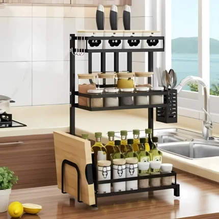 three layer spice rack, stainless steel spice rack, kitchen spice organizer, countertop spice rack, spice rack with knife holder, spice rack with spoon holder, spice rack with cutting board holder, black stainless steel spice rack