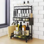 three layer spice rack, stainless steel spice rack, kitchen spice organizer, countertop spice rack, spice rack with knife holder, spice rack with spoon holder, spice rack with cutting board holder, black stainless steel spice rack