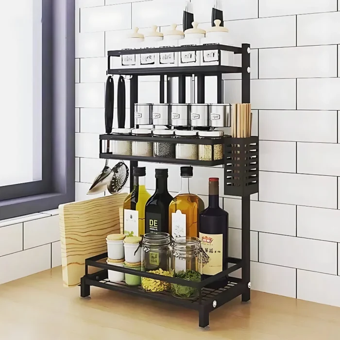 three layer spice rack, stainless steel spice rack, kitchen spice organizer, countertop spice rack, spice rack with knife holder, spice rack with spoon holder, spice rack with cutting board holder, black stainless steel spice rack