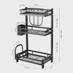 three layer spice rack, stainless steel spice rack, kitchen spice organizer, countertop spice rack, spice rack with knife holder, spice rack with spoon holder, spice rack with cutting board holder, black stainless steel spice rack