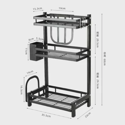 three layer spice rack, stainless steel spice rack, kitchen spice organizer, countertop spice rack, spice rack with knife holder, spice rack with spoon holder, spice rack with cutting board holder, black stainless steel spice rack