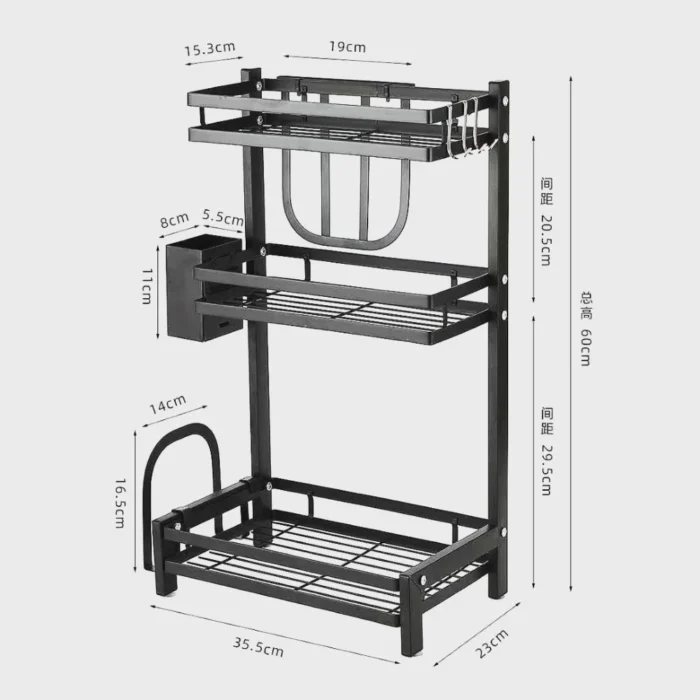 three layer spice rack, stainless steel spice rack, kitchen spice organizer, countertop spice rack, spice rack with knife holder, spice rack with spoon holder, spice rack with cutting board holder, black stainless steel spice rack