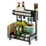 two layer spice rack, carbon steel spice rack, countertop spice organizer, spice rack with knife holder, spice rack with cutting board slot, kitchen countertop spice storage, black carbon steel rack, spice rack with utensil holders