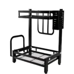 two layer spice rack, carbon steel spice rack, countertop spice organizer, spice rack with knife holder, spice rack with cutting board slot, kitchen countertop spice storage, black carbon steel rack, spice rack with utensil holders