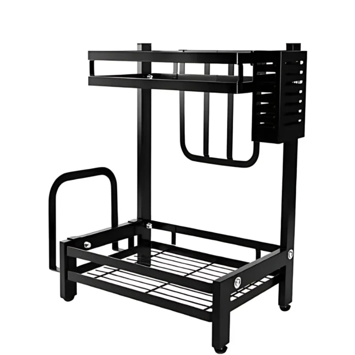 two layer spice rack, carbon steel spice rack, countertop spice organizer, spice rack with knife holder, spice rack with cutting board slot, kitchen countertop spice storage, black carbon steel rack, spice rack with utensil holders