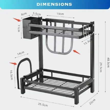 two layer spice rack, carbon steel spice rack, countertop spice organizer, spice rack with knife holder, spice rack with cutting board slot, kitchen countertop spice storage, black carbon steel rack, spice rack with utensil holders