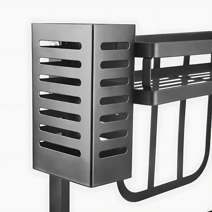 two layer spice rack, carbon steel spice rack, countertop spice organizer, spice rack with knife holder, spice rack with cutting board slot, kitchen countertop spice storage, black carbon steel rack, spice rack with utensil holders