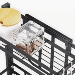 two layer spice rack, carbon steel spice rack, countertop spice organizer, spice rack with knife holder, spice rack with cutting board slot, kitchen countertop spice storage, black carbon steel rack, spice rack with utensil holders