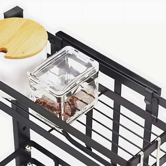 two layer spice rack, carbon steel spice rack, countertop spice organizer, spice rack with knife holder, spice rack with cutting board slot, kitchen countertop spice storage, black carbon steel rack, spice rack with utensil holders