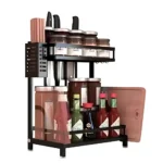 two layer spice rack, carbon steel spice rack, countertop spice organizer, spice rack with knife holder, spice rack with cutting board slot, kitchen countertop spice storage, black carbon steel rack, spice rack with utensil holders