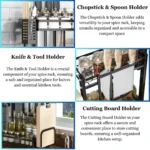 two layer spice rack, carbon steel spice rack, countertop spice organizer, spice rack with knife holder, spice rack with cutting board slot, kitchen countertop spice storage, black carbon steel rack, spice rack with utensil holders