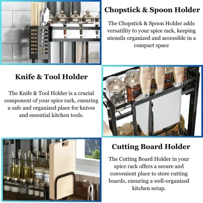 two layer spice rack, carbon steel spice rack, countertop spice organizer, spice rack with knife holder, spice rack with cutting board slot, kitchen countertop spice storage, black carbon steel rack, spice rack with utensil holders