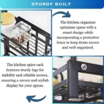 two layer spice rack, carbon steel spice rack, countertop spice organizer, spice rack with knife holder, spice rack with cutting board slot, kitchen countertop spice storage, black carbon steel rack, spice rack with utensil holders