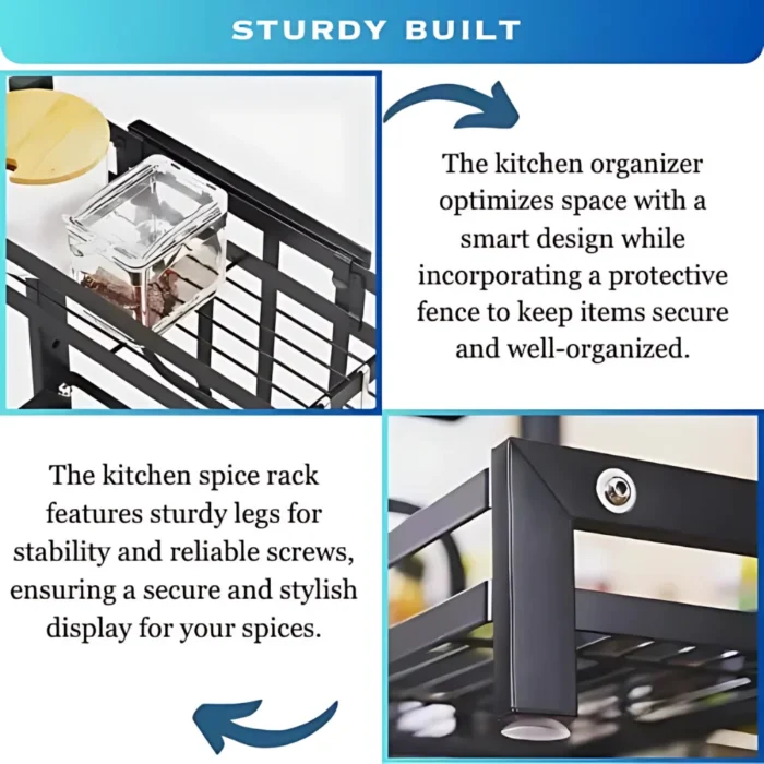 two layer spice rack, carbon steel spice rack, countertop spice organizer, spice rack with knife holder, spice rack with cutting board slot, kitchen countertop spice storage, black carbon steel rack, spice rack with utensil holders