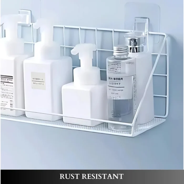 wall adhesive storage shelf, bathroom wire mesh rack, kitchen spice organizer, no-drill shelf UAE, carbon steel wall shelf, black metal wall rack, rackstore.ae wall organizer