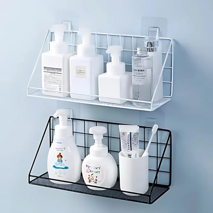wall adhesive storage shelf, bathroom wire mesh rack, kitchen spice organizer, no-drill shelf UAE, carbon steel wall shelf, black metal wall rack, rackstore.ae wall organizer