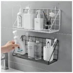 wall adhesive storage shelf, bathroom wire mesh rack, kitchen spice organizer, no-drill shelf UAE, carbon steel wall shelf, black metal wall rack, rackstore.ae wall organizer