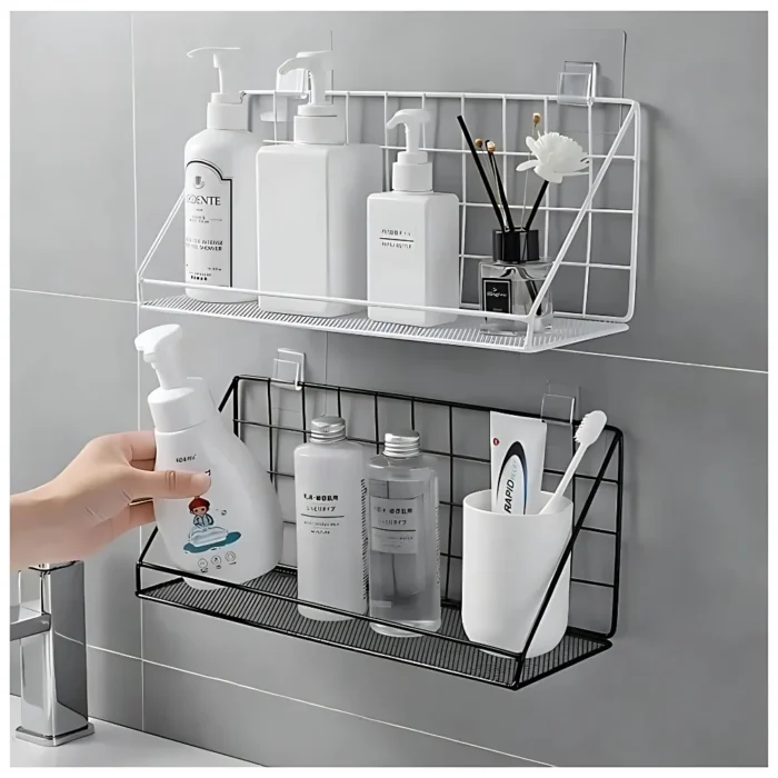 wall adhesive storage shelf, bathroom wire mesh rack, kitchen spice organizer, no-drill shelf UAE, carbon steel wall shelf, black metal wall rack, rackstore.ae wall organizer