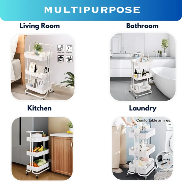 white 3 tier storage cart, white storage trolley, rolling cart white, multipurpose storage cart, kitchen storage cart white, bathroom storage trolley, office organization cart, compact 3 tier storage