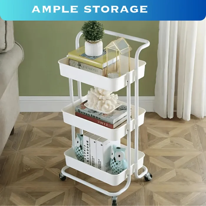 white 3 tier storage cart, white storage trolley, rolling cart white, multipurpose storage cart, kitchen storage cart white, bathroom storage trolley, office organization cart, compact 3 tier storage