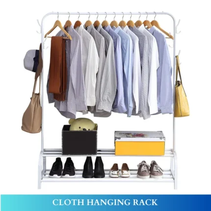 white garment rack, clothing organizer, shoe storage rack, metal clothes stand, accessory hooks, rackstore.ae