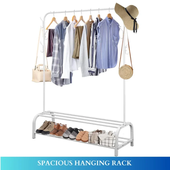 white garment rack, clothing organizer, shoe storage rack, metal clothes stand, accessory hooks, rackstore.ae