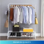 white garment rack, clothing organizer, shoe storage rack, metal clothes stand, accessory hooks, rackstore.ae