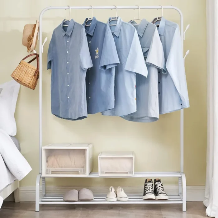 white garment rack, clothing organizer, shoe storage rack, metal clothes stand, accessory hooks, rackstore.ae