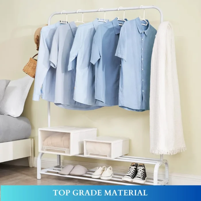 white garment rack, clothing organizer, shoe storage rack, metal clothes stand, accessory hooks, rackstore.ae