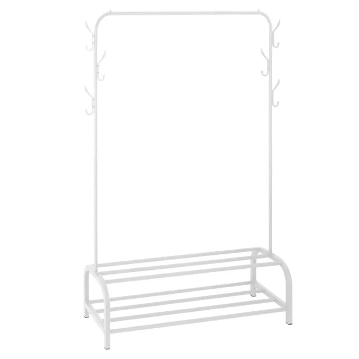 white garment rack, clothing organizer, shoe storage rack, metal clothes stand, accessory hooks, rackstore.ae