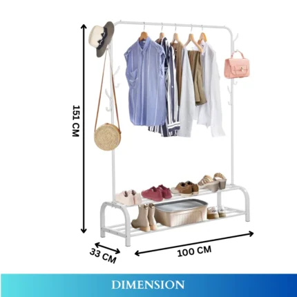 white garment rack, clothing organizer, shoe storage rack, metal clothes stand, accessory hooks, rackstore.ae