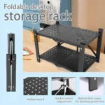 foldable desktop rack, black metal organizer, desk storage shelf, 2-tier rack, tabletop shelf organizer, office desk shelf, compact storage rack, foldable shelf for office, space-saving desktop organizer, home desk shelf