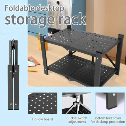 foldable desktop rack, black metal organizer, desk storage shelf, 2-tier rack, tabletop shelf organizer, office desk shelf, compact storage rack, foldable shelf for office, space-saving desktop organizer, home desk shelf