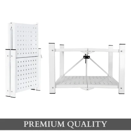 white desktop organizer, foldable 2-tier shelf, compact metal storage rack, desk shelf white, foldable tabletop rack, makeup organizer white, office desk shelf, space-saving desk rack, white vanity shelf, desktop shelf organizer