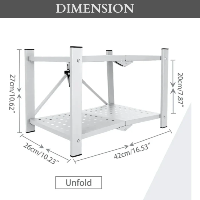 white desktop organizer, foldable 2-tier shelf, compact metal storage rack, desk shelf white, foldable tabletop rack, makeup organizer white, office desk shelf, space-saving desk rack, white vanity shelf, desktop shelf organizer