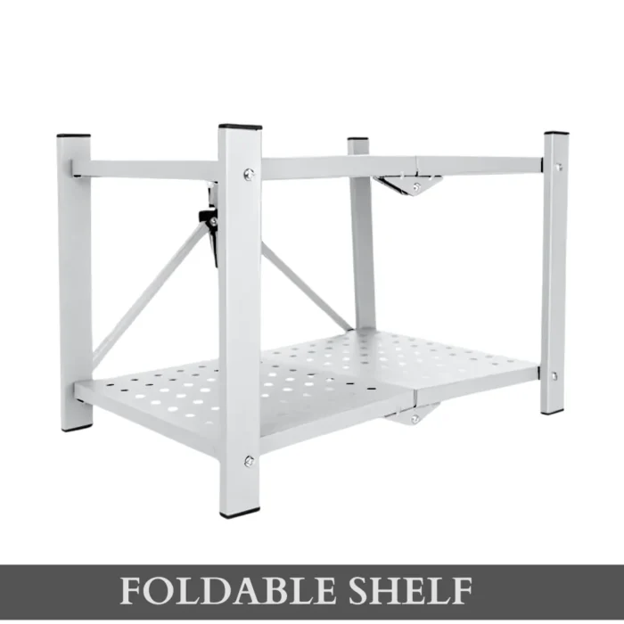 white desktop organizer, foldable 2-tier shelf, compact metal storage rack, desk shelf white, foldable tabletop rack, makeup organizer white, office desk shelf, space-saving desk rack, white vanity shelf, desktop shelf organizer
