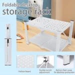 white desktop organizer, foldable 2-tier shelf, compact metal storage rack, desk shelf white, foldable tabletop rack, makeup organizer white, office desk shelf, space-saving desk rack, white vanity shelf, desktop shelf organizer