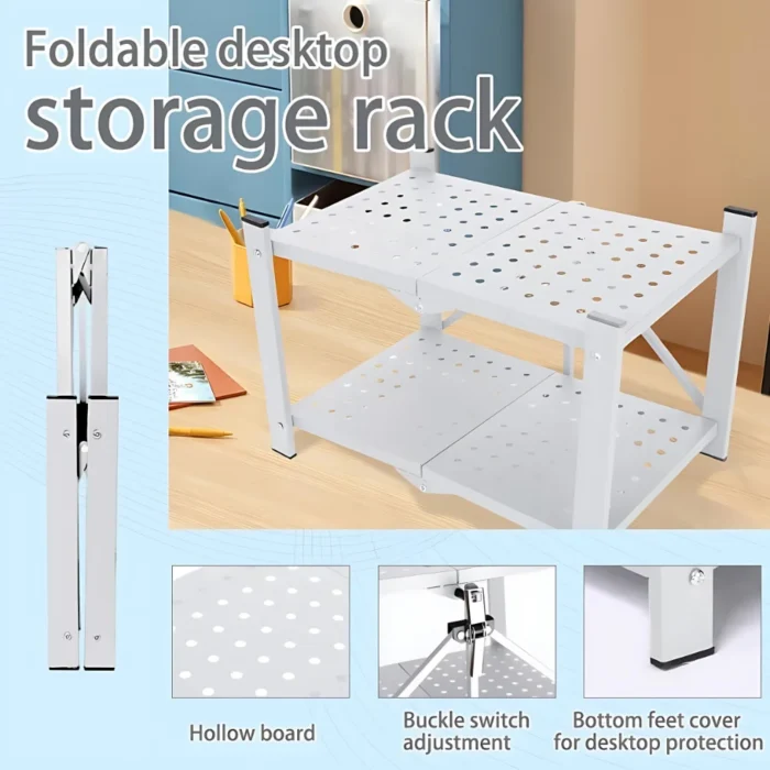 white desktop organizer, foldable 2-tier shelf, compact metal storage rack, desk shelf white, foldable tabletop rack, makeup organizer white, office desk shelf, space-saving desk rack, white vanity shelf, desktop shelf organizer