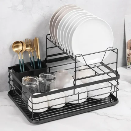 2 tier dish drying rack, black dish rack, kitchen dish rack, dish rack with tray, countertop dish organizer, steel dish drying rack, dish rack with cutlery holder, compact dish drainer, rust-proof dish rack