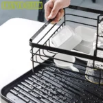 2 tier dish drying rack, black dish rack, kitchen dish rack, dish rack with tray, countertop dish organizer, steel dish drying rack, dish rack with cutlery holder, compact dish drainer, rust-proof dish rack