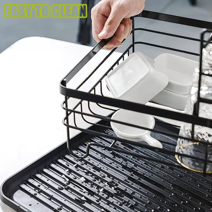2 tier dish drying rack, black dish rack, kitchen dish rack, dish rack with tray, countertop dish organizer, steel dish drying rack, dish rack with cutlery holder, compact dish drainer, rust-proof dish rack